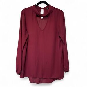 Choker Neck Long Sleeve Blouse - Burgundy